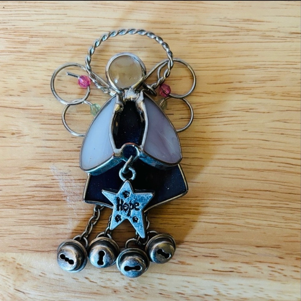 Stained Glass Angel Wing & Star Charm Keychain with Jingle Bells - "Hope"